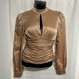 Badgley Mischka champagne satin blouse shirt top XS 2 Rent the runway repair